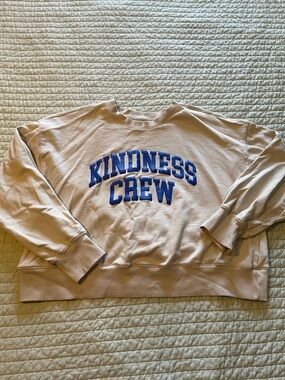 Old Navy Beige Crewneck Sweatshirt with Blue 'KINDNESS CREW' Applique